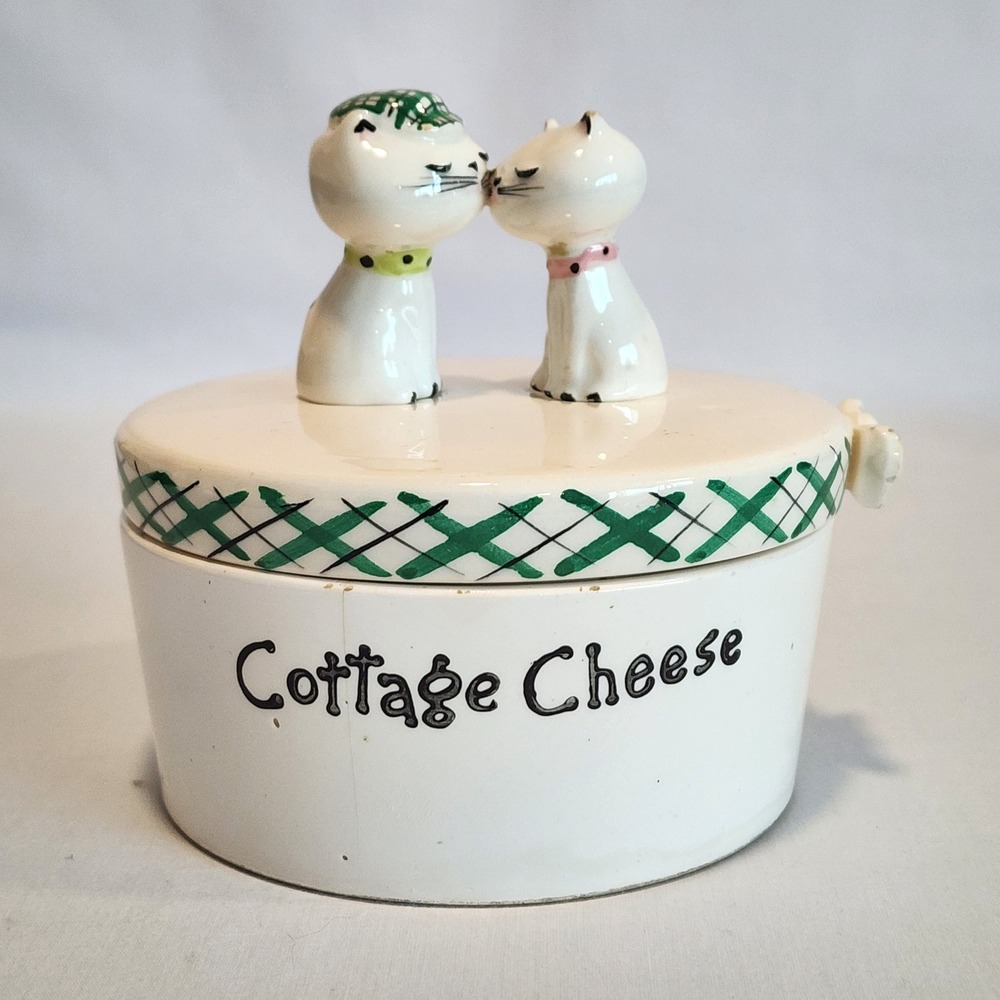 Vintage 1958 Holt Howard Kissing Cats Cottage Cheese Crock Green Plaid MCM Japan